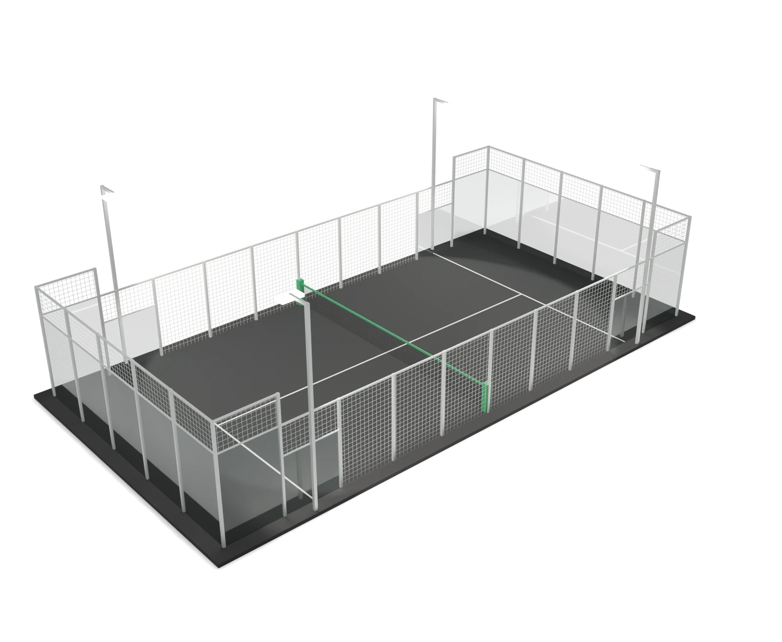 The finished court lit, with white steel and green net tape and post padding