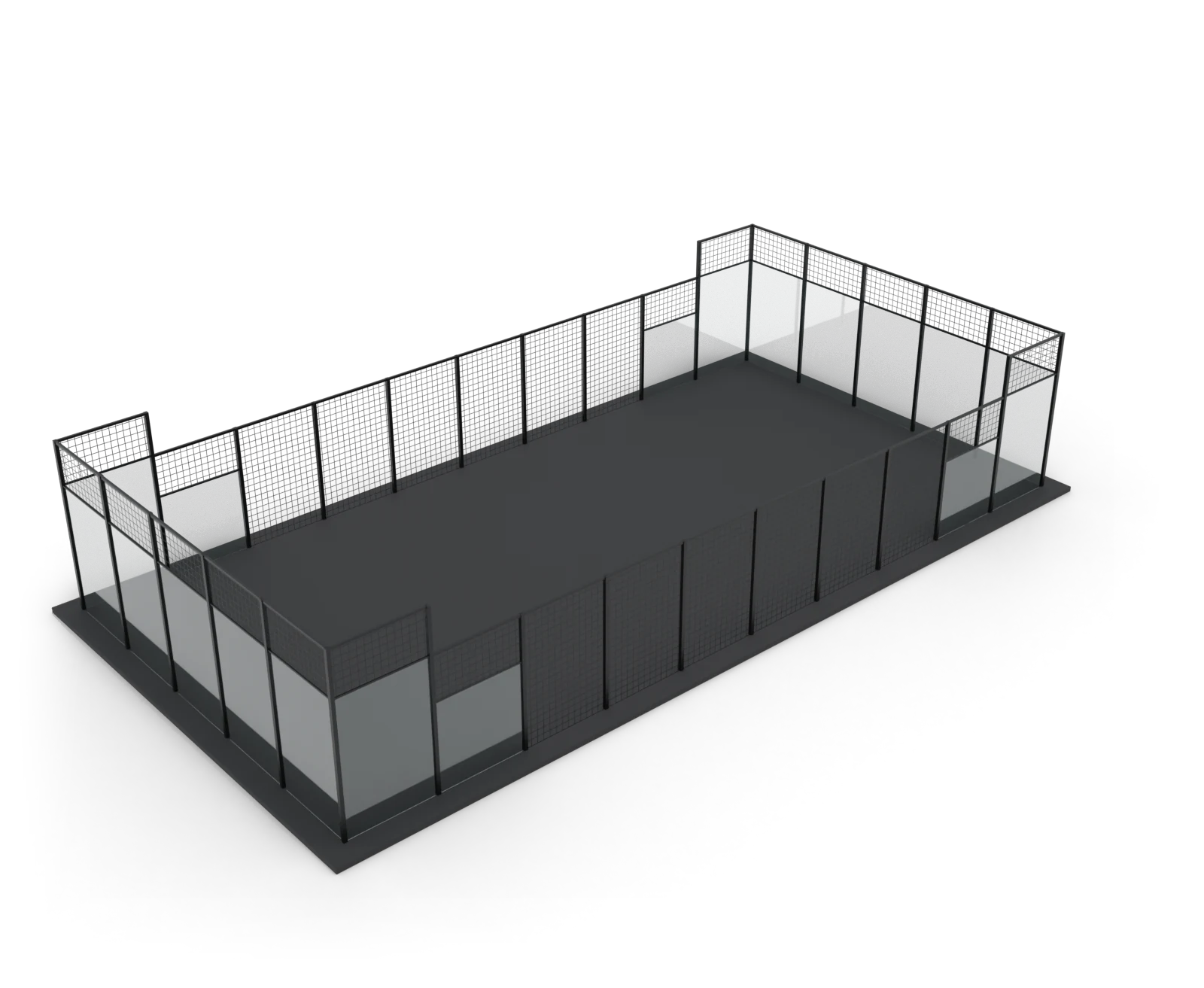 The court's steel frame with its tempered glass back and side walls in place