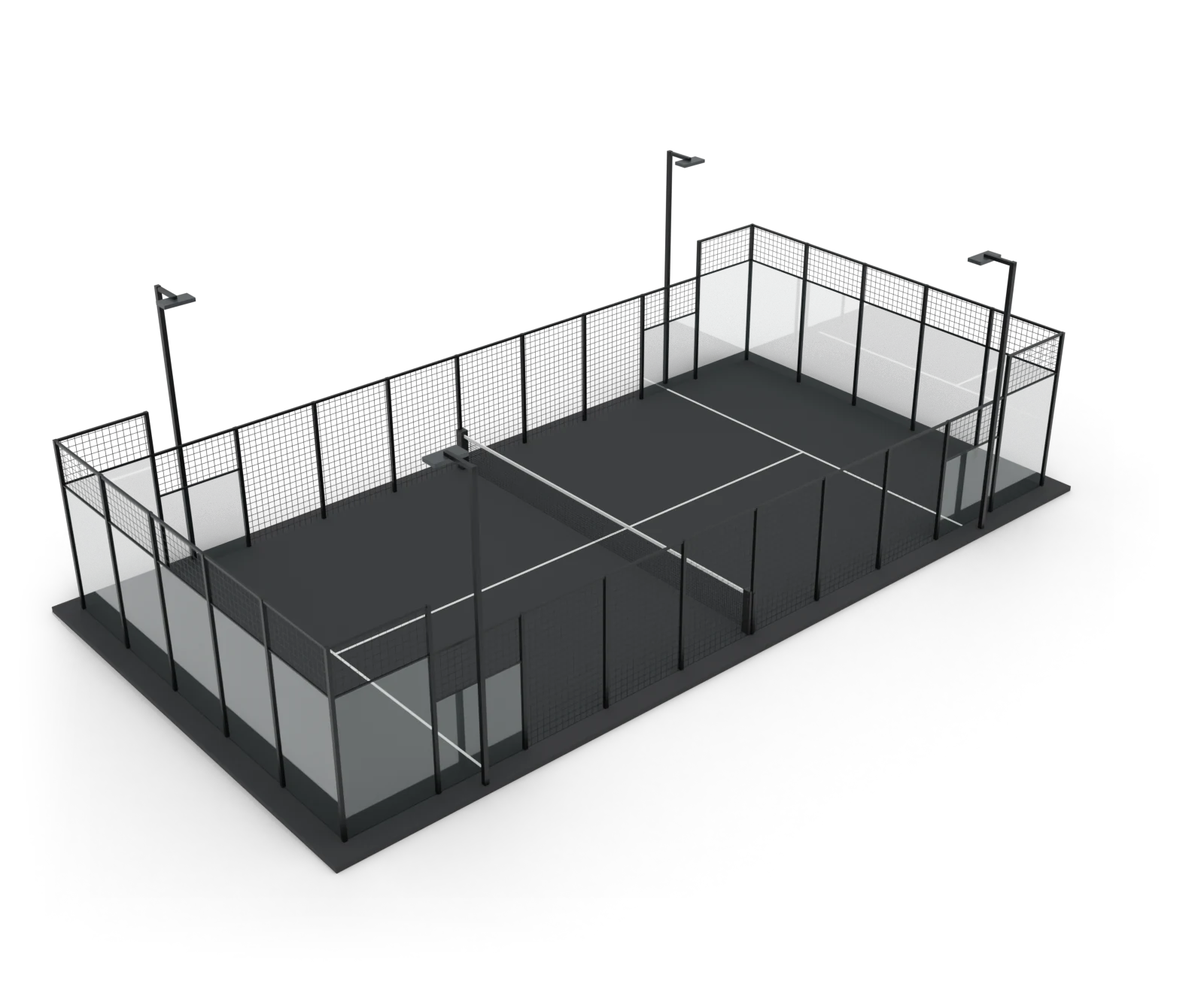 The court with its black turf, white lines, net and floodlight columns