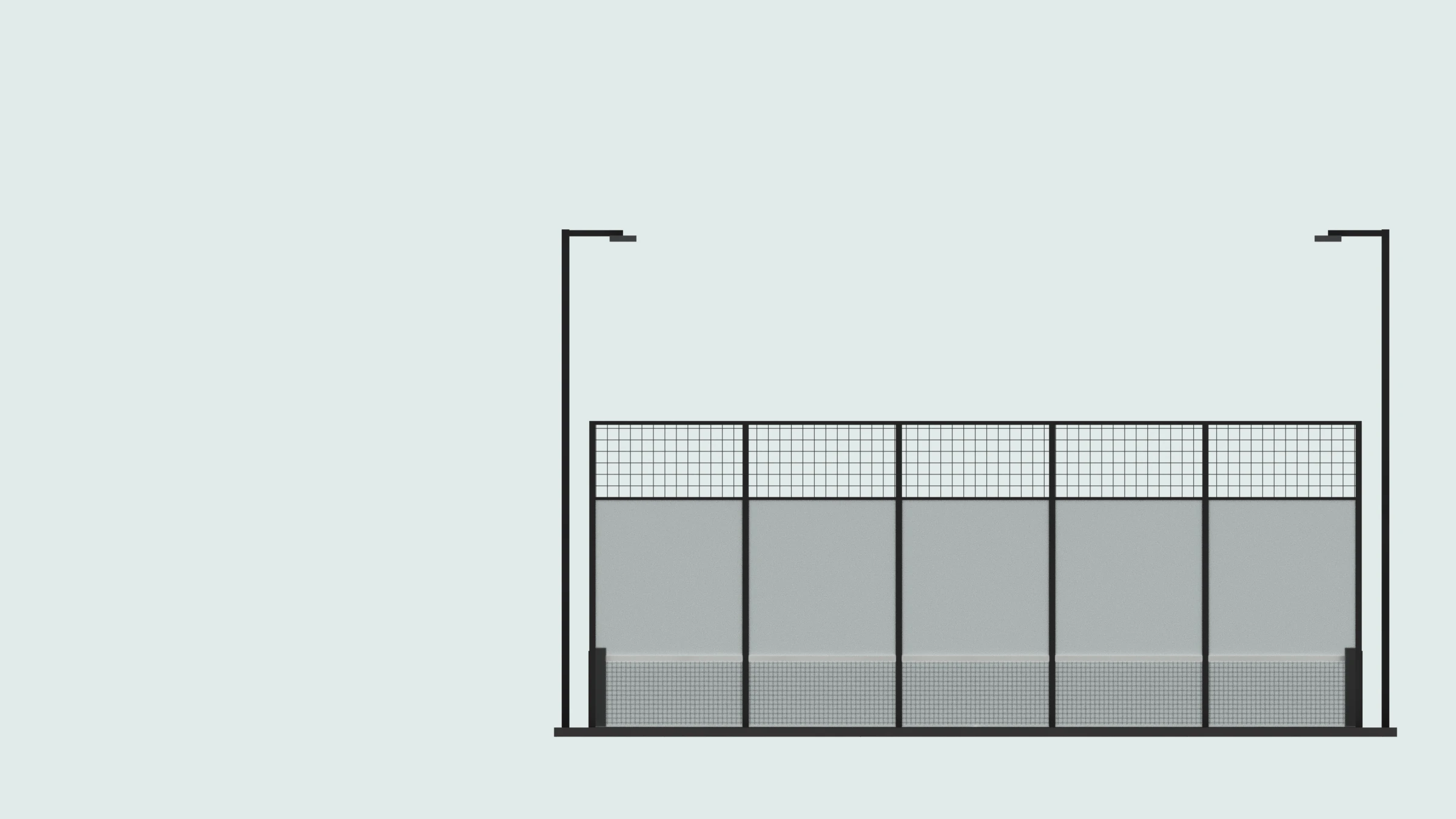 Our render of the court from one end, drawn flat: a glass back wall with mesh above it, between two floodlight columns
