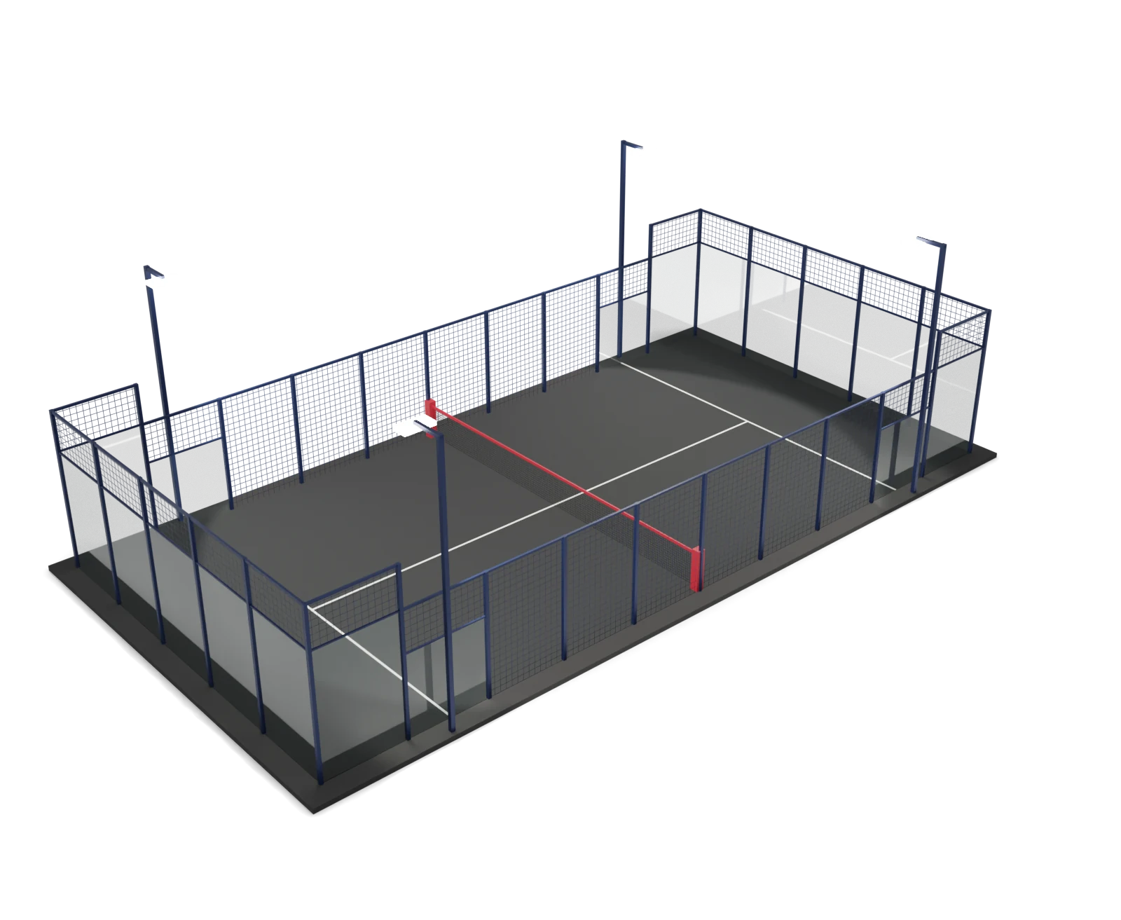 The finished court lit, with navy steel and red net tape and post padding
