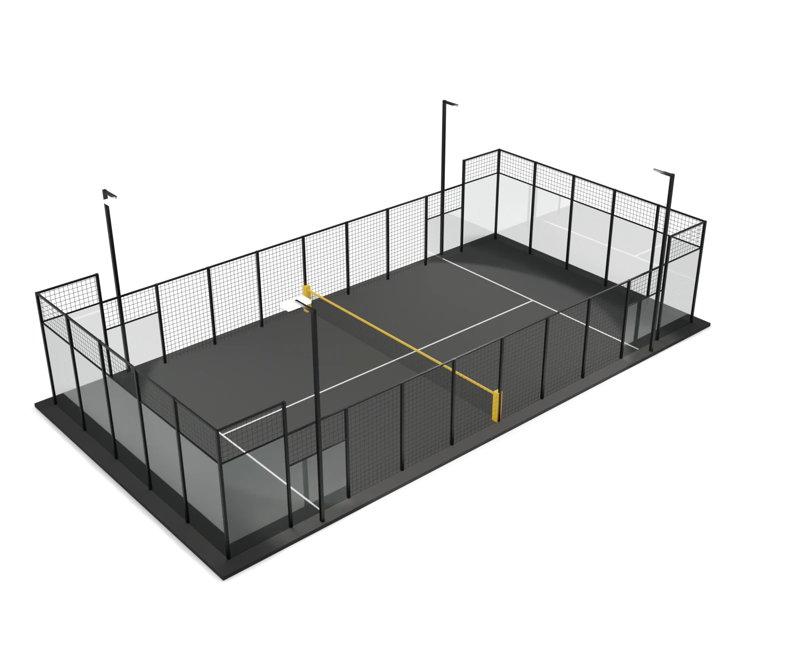 The finished court lit, with black steel and amber net tape and post padding