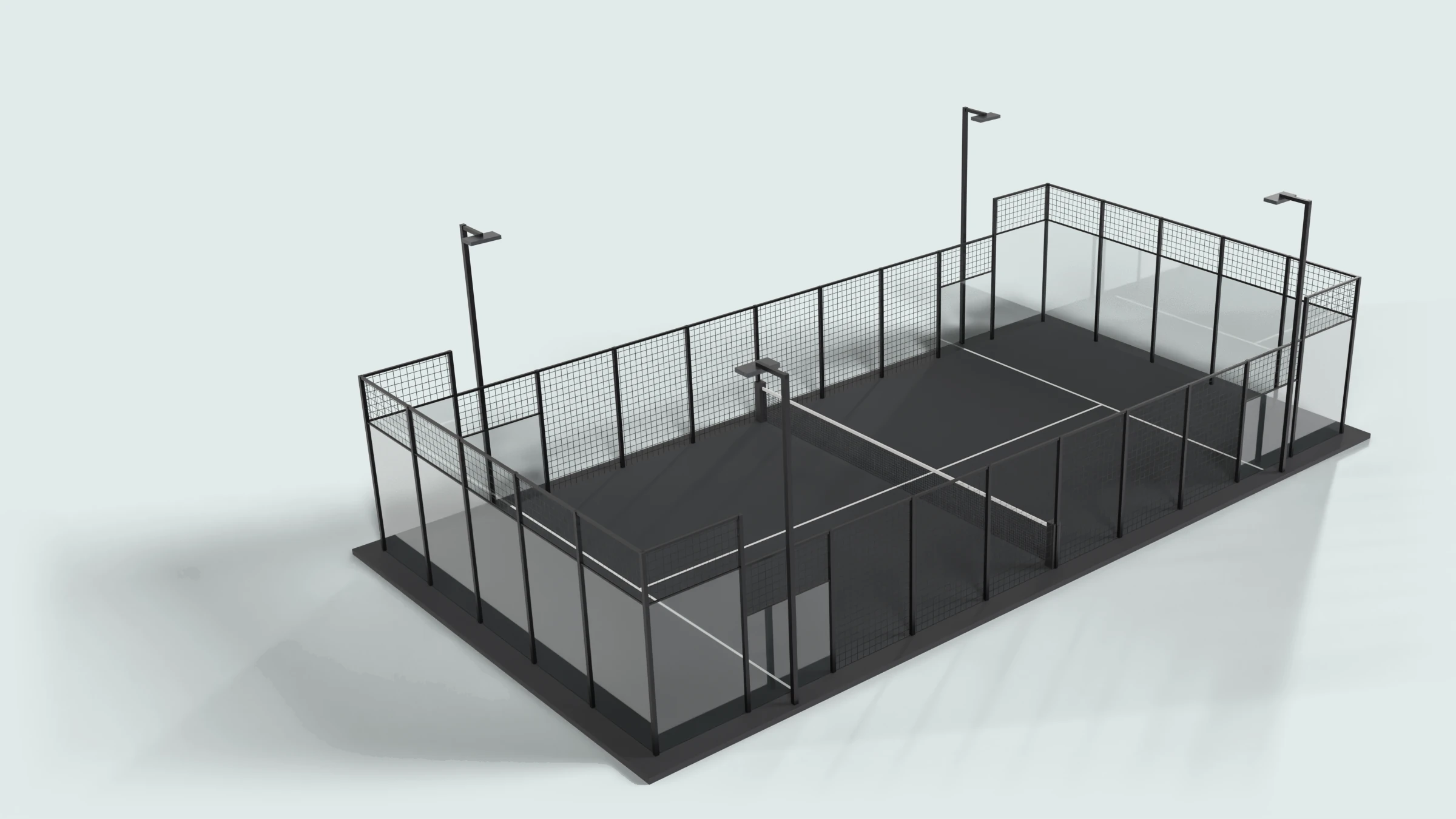 Our render of a padel court from above at three-quarters: a black steel frame, glass walls with mesh above, black turf, the net and four floodlight columns