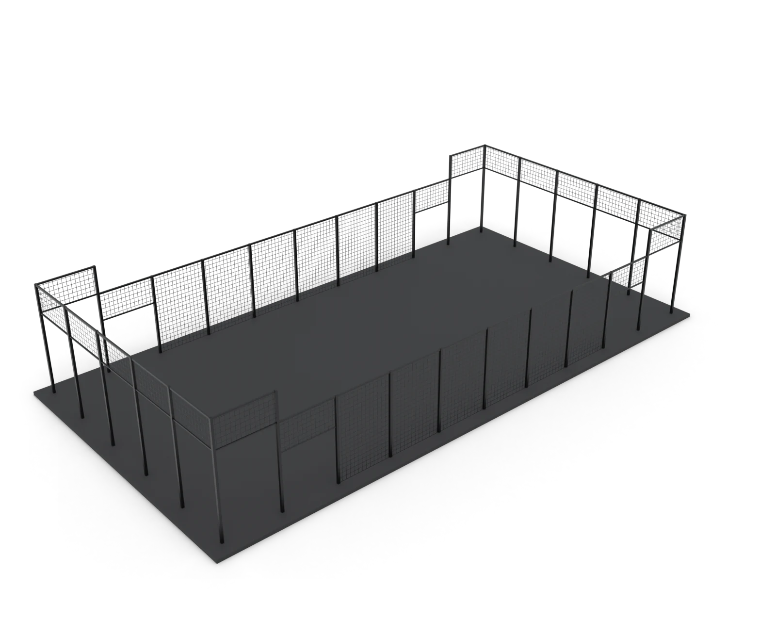 A padel court's black steel frame and mesh panels standing on its base, before the glass