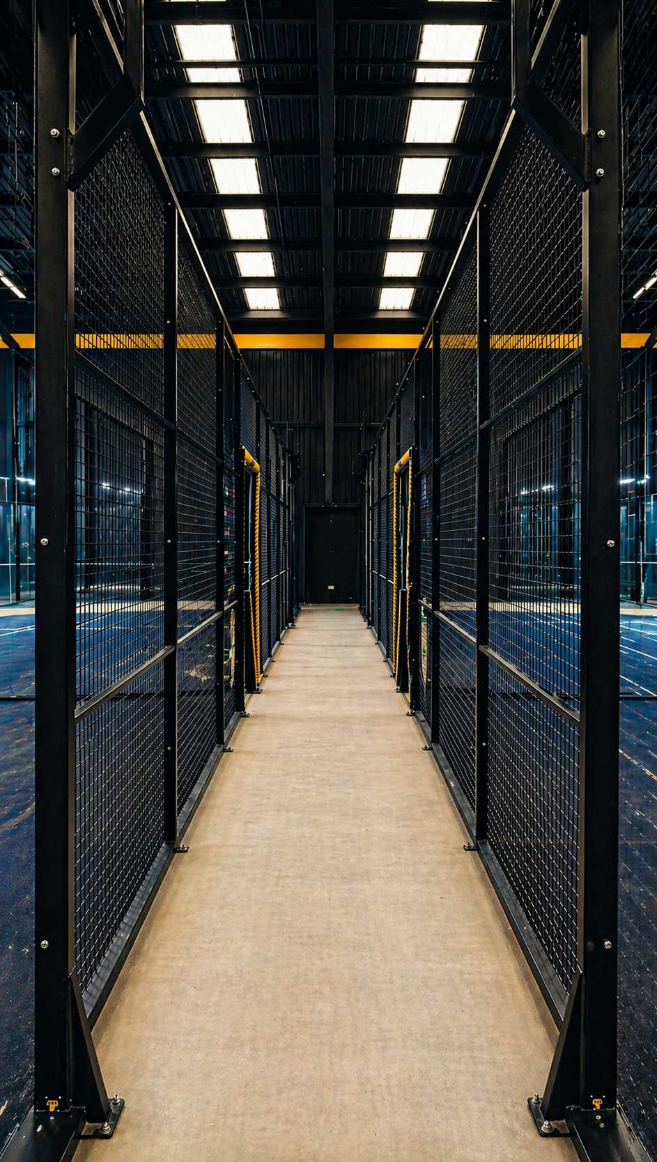A walkway running between two padel courts, framed by black steel posts and mesh