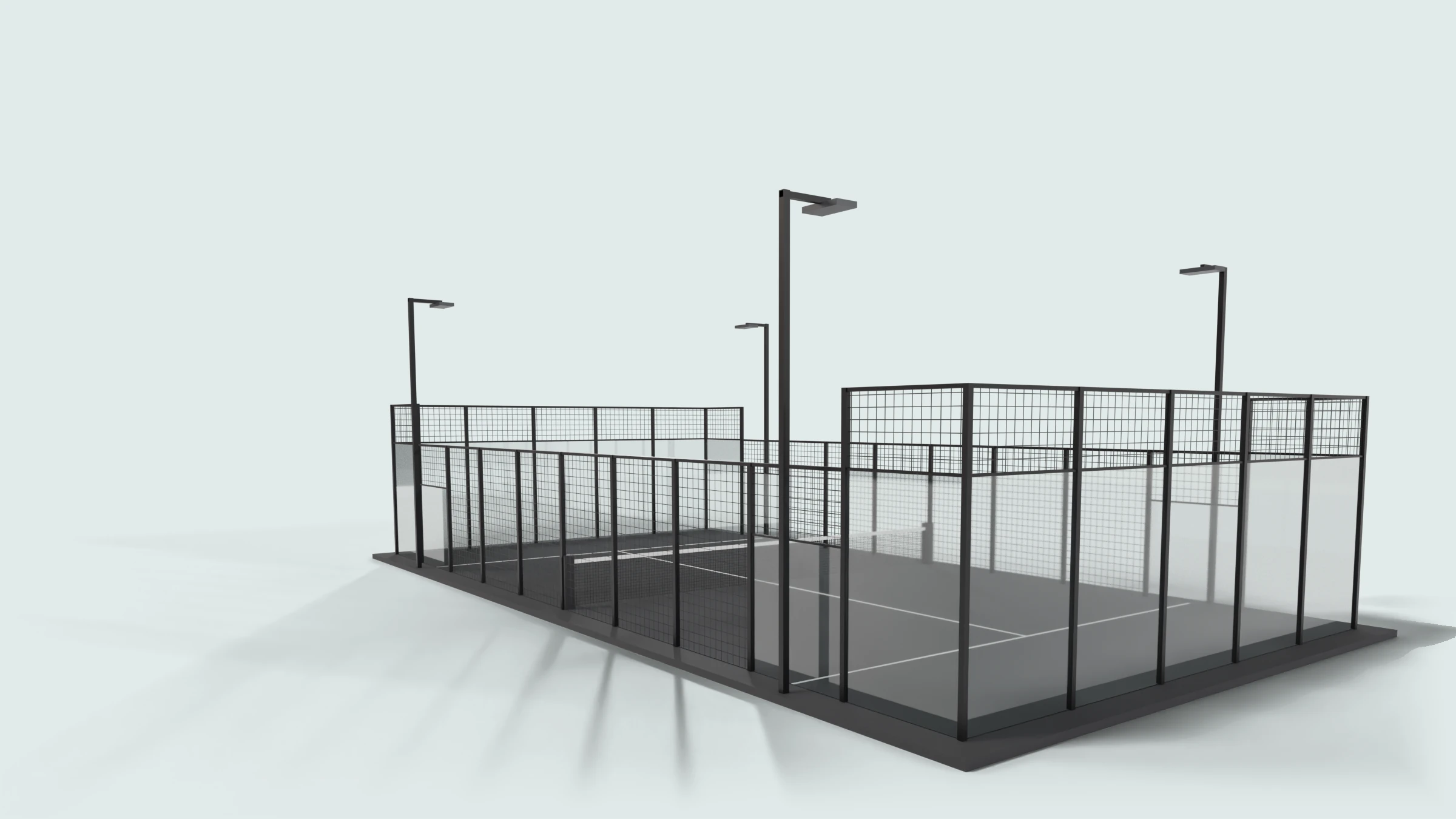 Our render of the court from a low corner, along its glass and mesh walls to the net