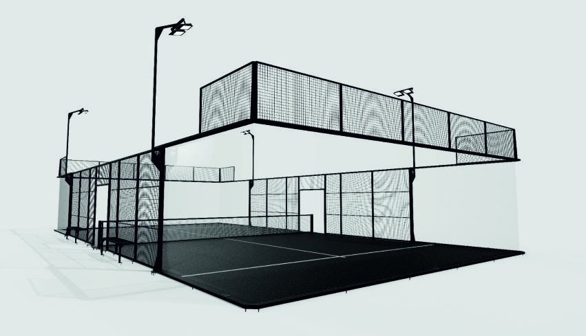 Technical render of a padel court seen from a corner, showing glass and mesh walls.
