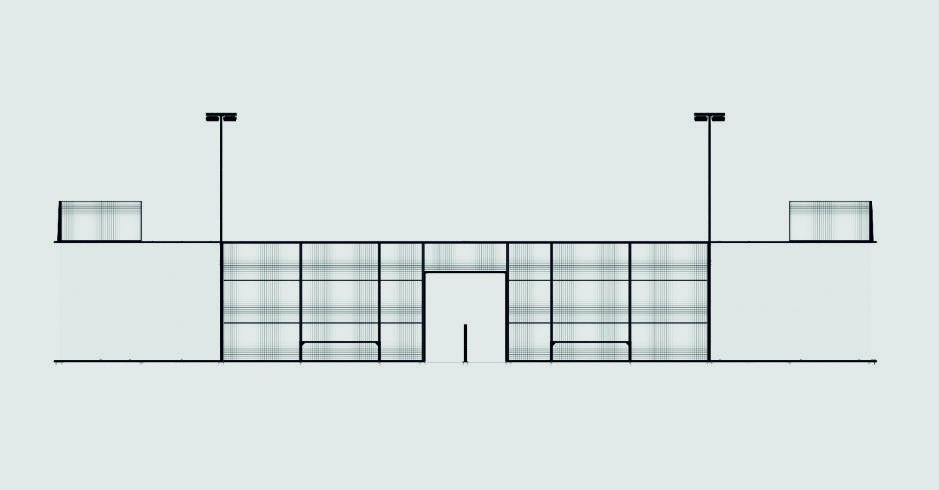 Technical front elevation drawing of a padel court showing the entrance gap and lighting columns.